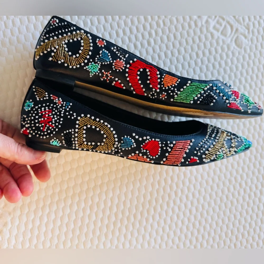 MICHAEL KORS MK Mila Party Colorful Beaded Black Leather Pointed Toe Flats
